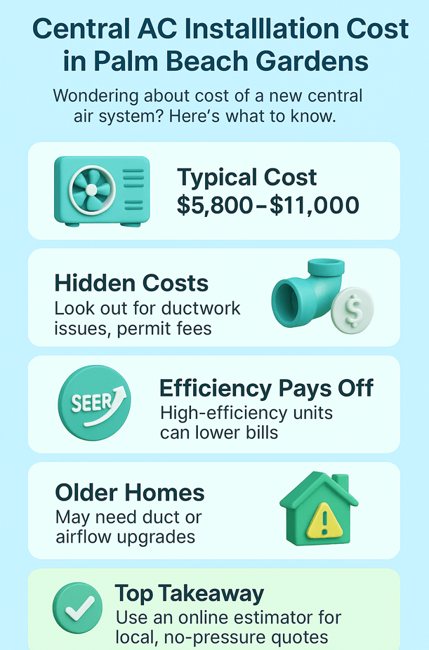 Vertical infographic titled "Central AC Installation Cost in Palm Beach Gardens" featuring five sections with 3D icons. It highlights typical cost ($5,800–$11,000), hidden costs like ductwork and permits, efficiency benefits of SEER-rated systems, upgrade needs for older homes, and a top takeaway recommending a free online quote tool. Color scheme includes light blue and teal green.